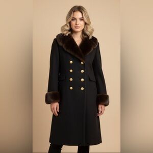 BLACK WOOL COAT WITH FUR TRIM COLLAR AND CUFFS